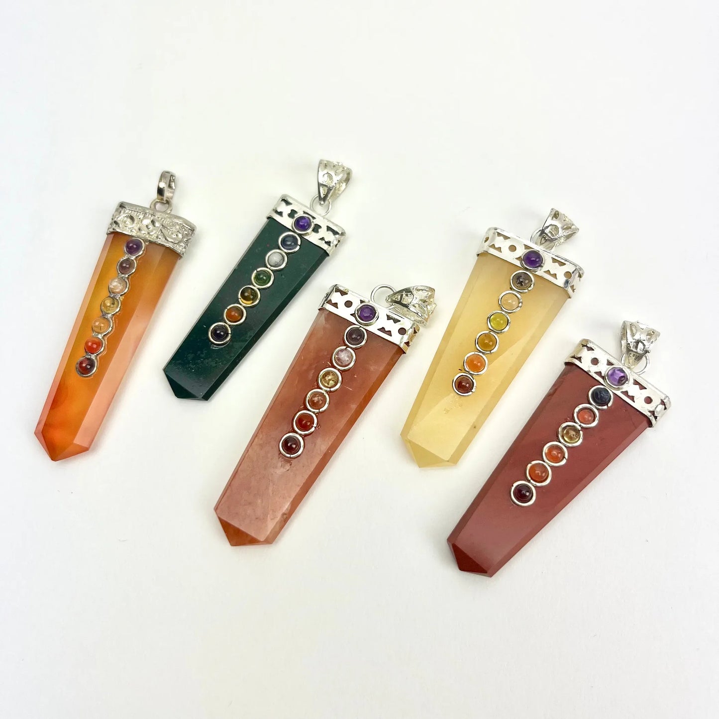 Flat Tapered Gemstone Pendant w/ Chakra Cabochons